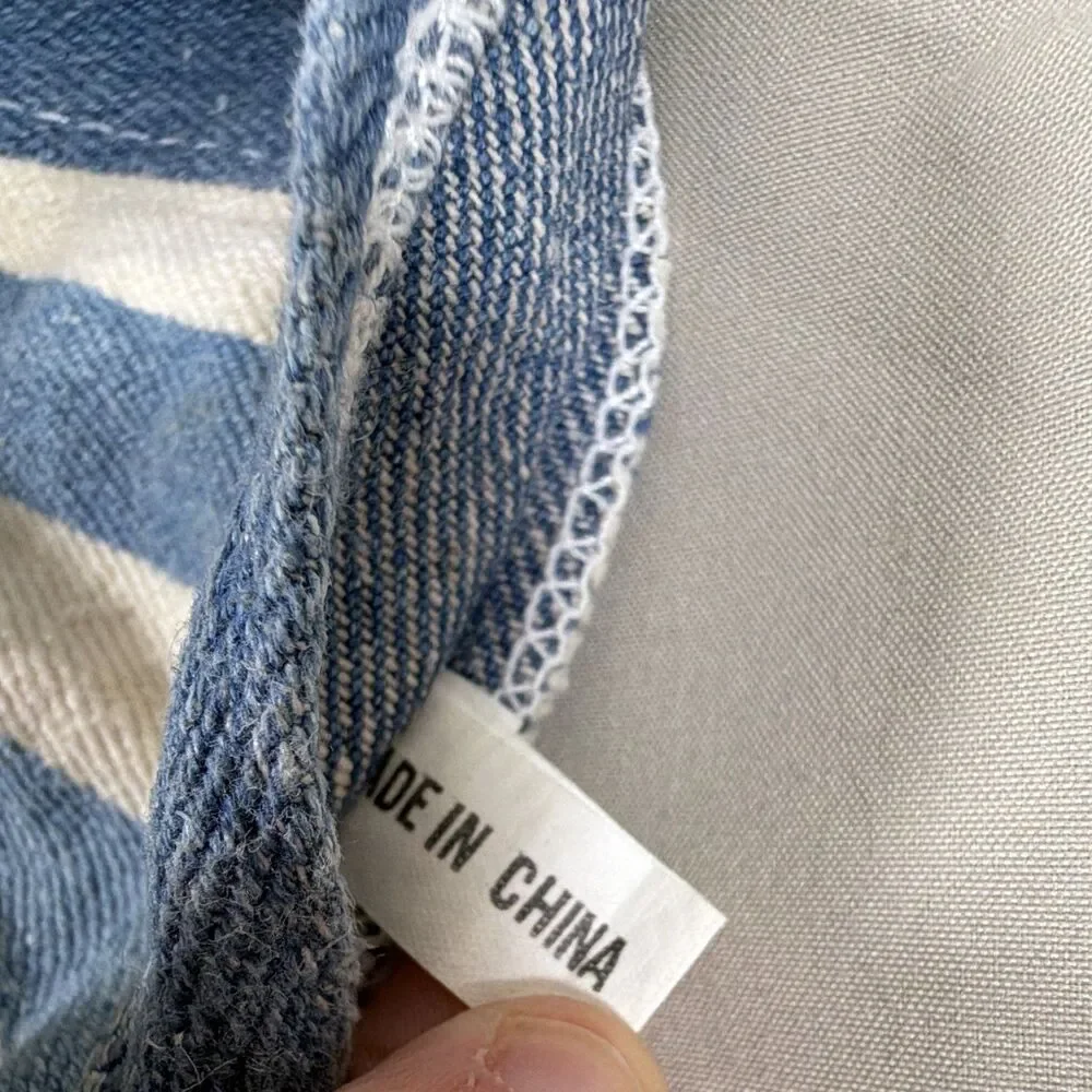 Childrens Blue Denim White Stripe Elastic Back Baseball Hat - Vintage